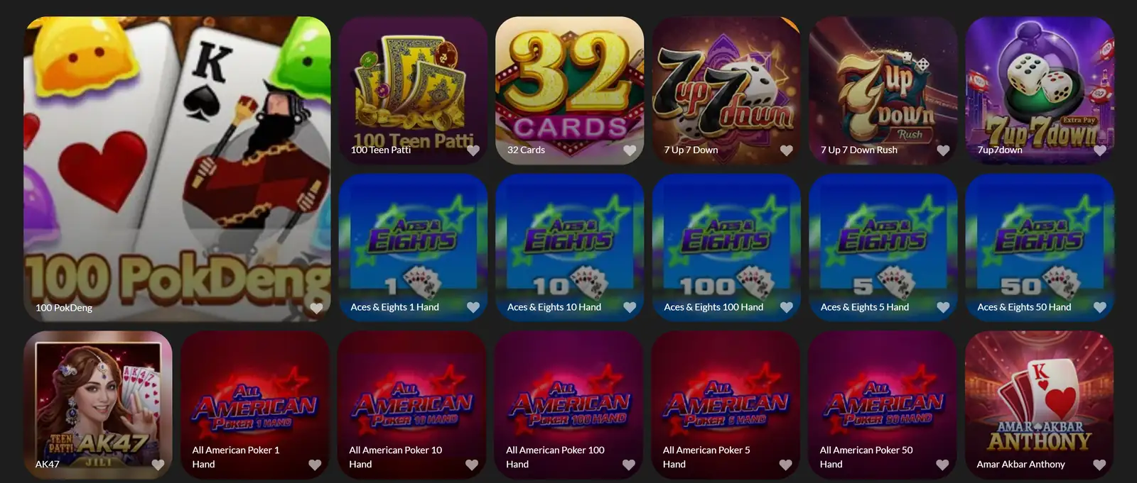 NPwin365 card and table games lobby — Teen Patti, Pok Deng, 32 Cards, 7 Up 7 Down, Aces & Eights video poker, All American Poker and Amar Akbar Anthony (Nepal online casino)
