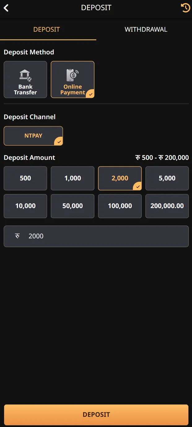 NPwin365 deposit screen — choose Bank Transfer or Online Payment, select a deposit channel and amount in NPR